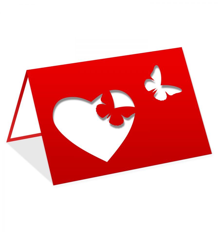 Carte de souhaits - Coeur et papillons rouge et blanc